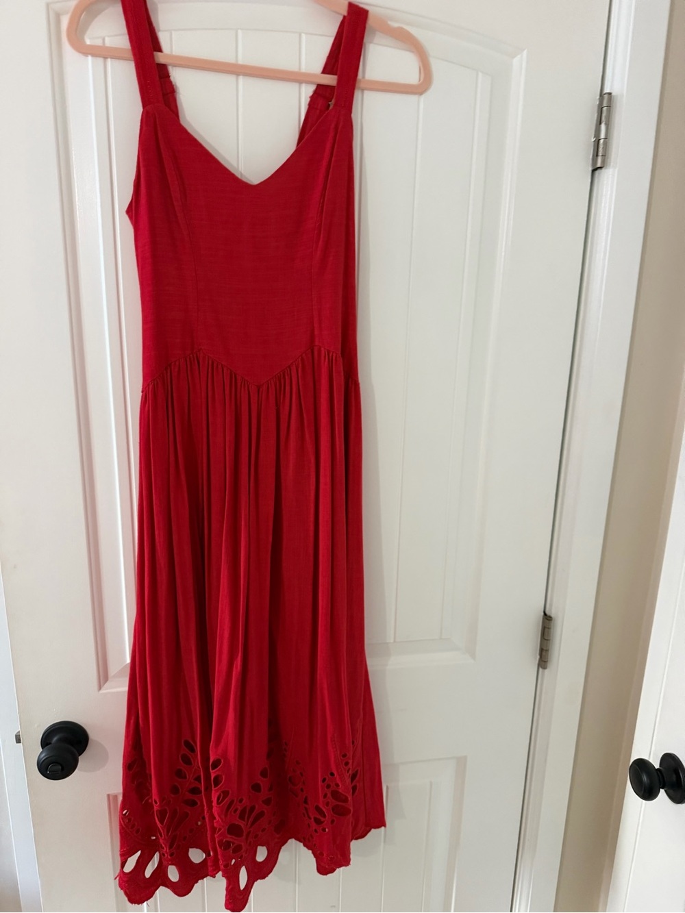 100% Cotton Red Eyelet Maxi Dress Boho Cottagecore Smocked Back Vacation